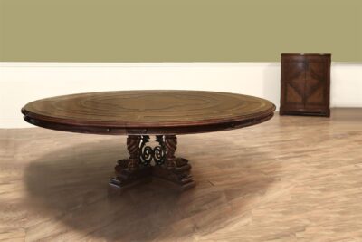 Large round walnut dining table with leaf storage cabinet an AP Exclusive by AntiquePurveyor