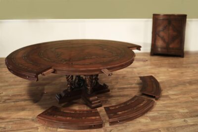 Large round walnut dining table with leaf storage cabinet an AP Exclusive by AntiquePurveyor