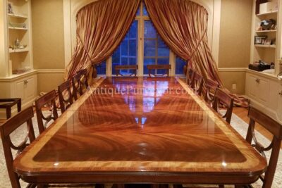 Long dining table with flame mahogany and satinwood banded inlay. Table can be used from 88 inches to 160 inches with 3 leaves