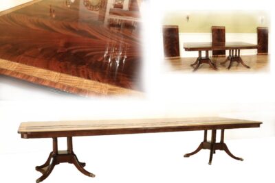 Long dining table with flame mahogany and satinwood banded inlay. Table can be used from 88 inches to 160 inches with 3 leaves