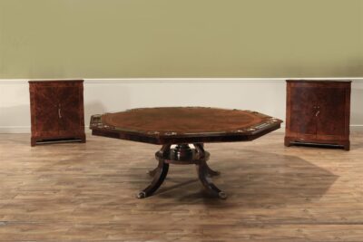Mahogany poker table, AP exclusives poker table and round expanding mahogany dining table with leaf storage cabinets an AP Exclusive by AntiquePurveyor