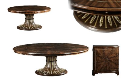 Modern/transitional round extendable dining pedestal table with dark mahogany wood finish an AP Exclusive by AntiquePurveyor
