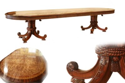 Rare and unique burly ash oval dining table with two rope and tassel carved pedestals.  Wide and large oval dining table