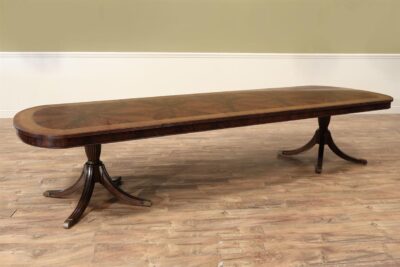 Rectangular, satinwood banded, formal dining room table with brass turned columns an AP Exclusive by AntiquePurveyor