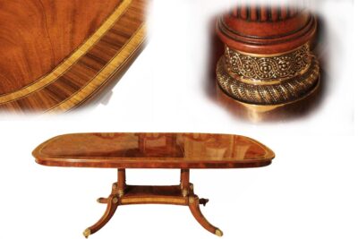 Small Inlaid Swirl Mahoagny Library or Dining Table With Self-Storing Leaf