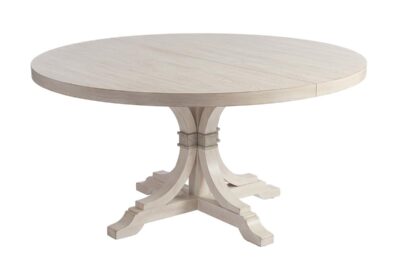 60 inch Round to Oval dining table with white wash finish, with hints of powder blue, gray, and pastel rose