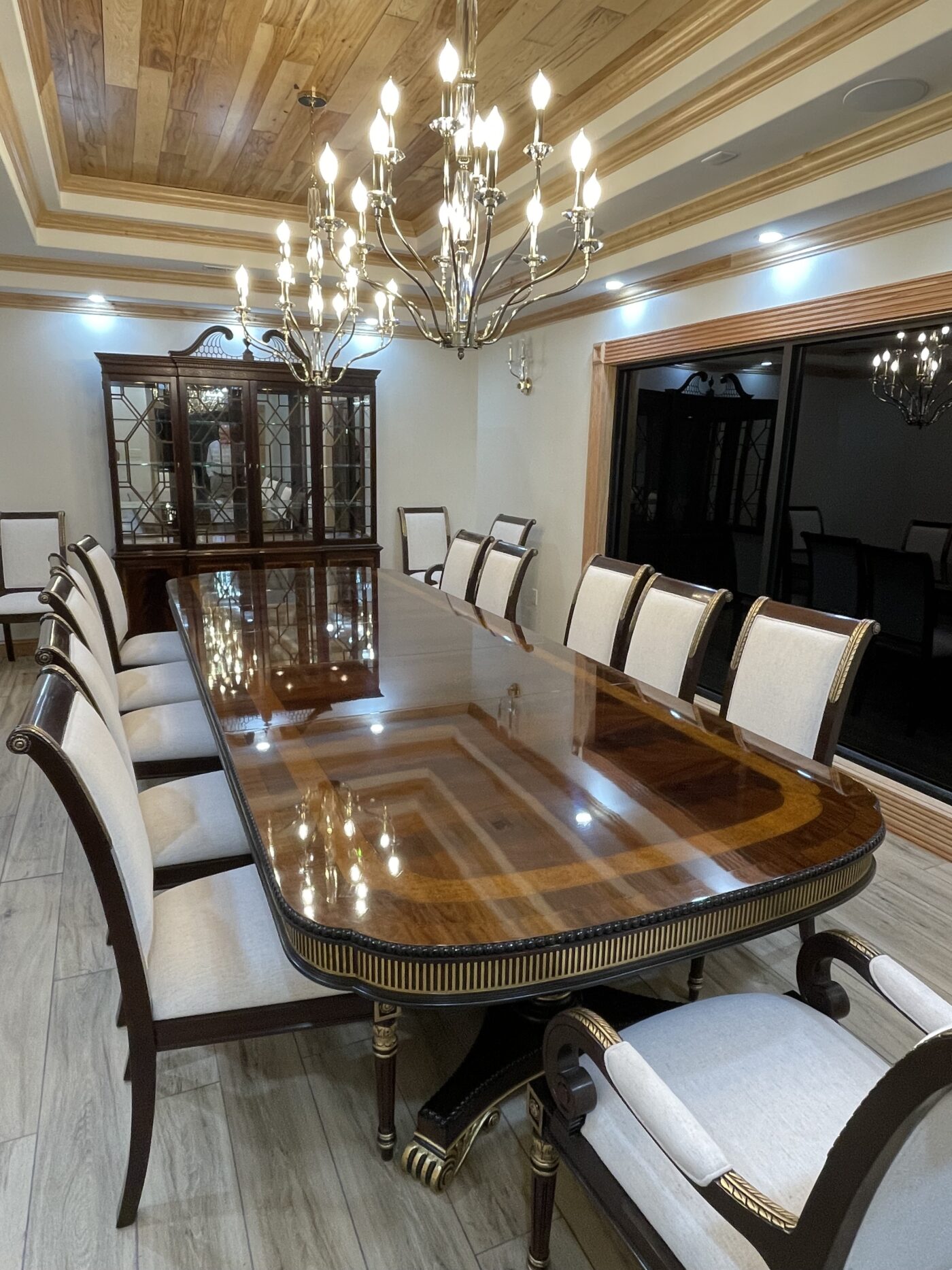 French style fully upholstered solid mahogany dining chairs with engineered neutral fabric. - Image 5