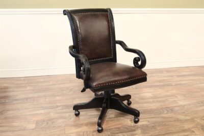 Black and borwn glazed leather executive chair with nail trim and umbria finish frame