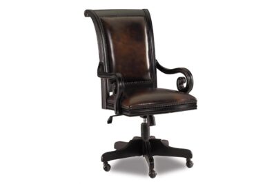 Black and borwn glazed leather executive chair with nail trim and umbria finish frame