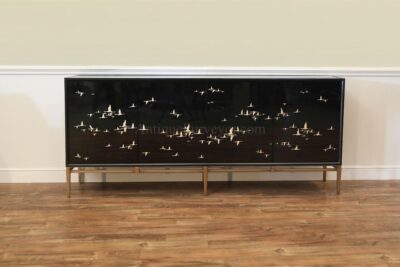 Black mirror side cabinet with gold hand-painted migrating geese