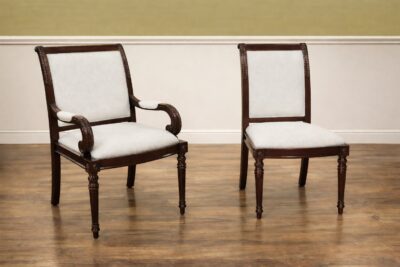 French style fully upholstered solid mahogany dining chairs with engineered neutral fabric. an AP Exclusive by AntiquePurveyor