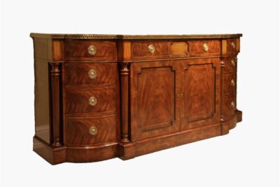 Large sideboard buffet or credenza with brass and ebony inlays.  Break bowfront with graduated drawers