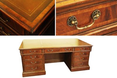 Leather top desk, high-end reproduction anitique leather top desk. Pedestal desk with privacy panel.