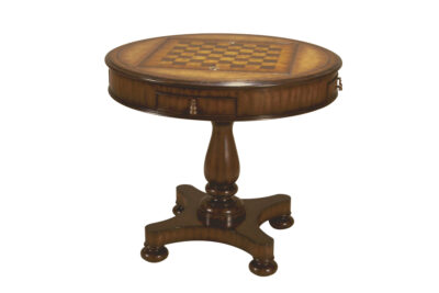 Maitland Smith Furniture round mahogany game table. Board flips for chess or backgammon board.