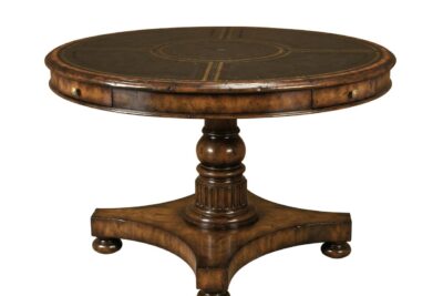 Maitland Smith mahogany wood center table. Leather top with Pompeian brass accents.