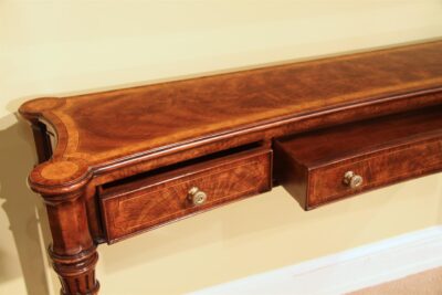 Narrow console table, flame walnut and yew wood console