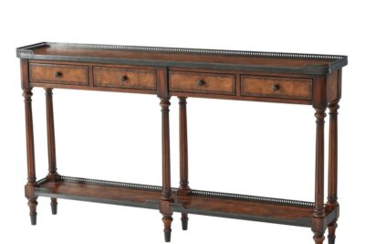 Narrow console table, high end console table with brass gallery top and undertier. Burly walnut and acacia