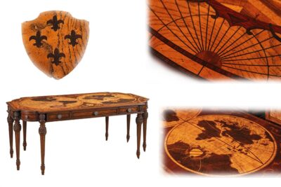 Nautical world map, globe and fleur de lis inlaid mahogany and walnut writing desk