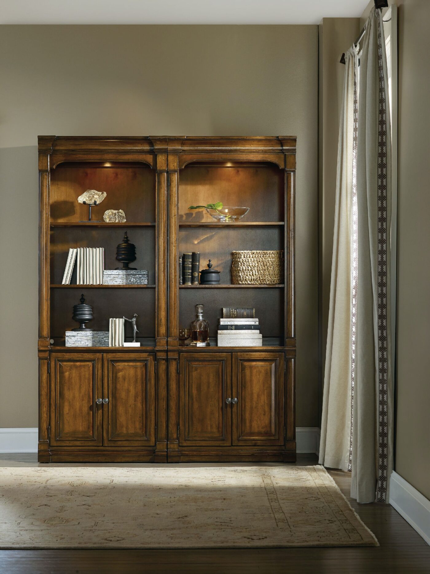 Single Bookcase One Warm Walnut Tabaccoo-Brown Single Bunching Bookcase With Lights and ...