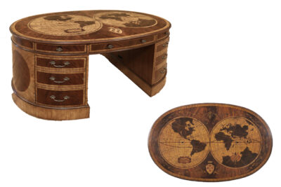 Oval mahogany, walnut and satinwood map inlaid desk by Maitland Smith Furniture.