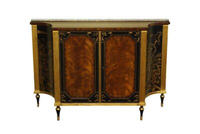 Small black and gold server with Chinoiserie motif. Brass gallery top,gold accented cabinet with Sheraton legs
