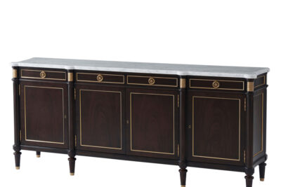 Stately marble top sideboard in extra dark walnut finish with four doors and brass accents