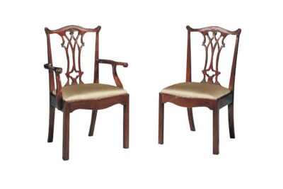 Straight leg solid mahogany Chippendale dining chairs with shiny taupe or golden caramel fabric