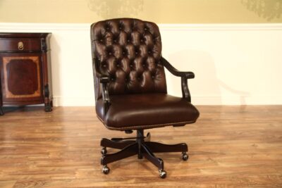 Tufted Brown Leather Executive Swivel Chair with Brass Nailhead Trim and Casters