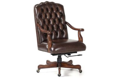Tufted Brown Leather Executive Swivel Chair with Brass Nailhead Trim and Casters