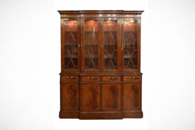 4 door high end china cabinet. Straight molded crown, mahogany banded door panels