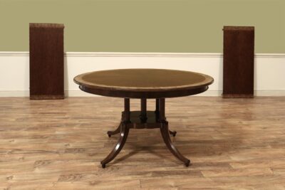 54 Inch Round Inlaid Walnut Pedestal Dining Table with Leaves Seats 4 to 8 People