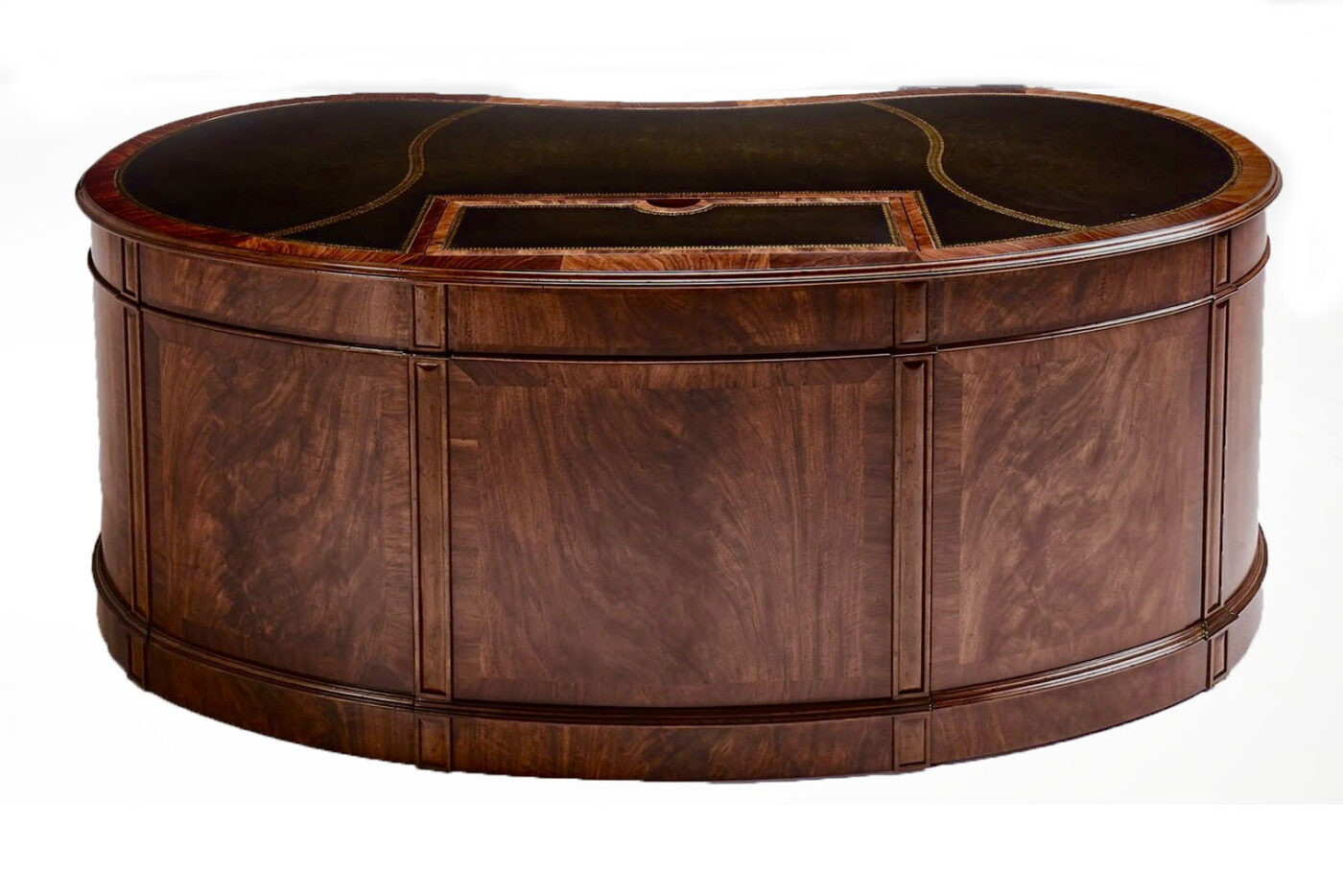 71 inch kidney shaped walnut desk with optional monitor lift that can hold up to a 22 inch monitor