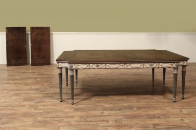 French carved, Pastel Hand-painted carved apron, expansion table with two leaves