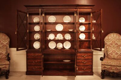 Luxurious flame mahogany china cabinet. Flame mahogany interior