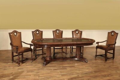 10 person leather top games poker table. Detailed, luxurious over-the- top poker table. This is the only IN STOCK table available in the USA, Normaly a 6 month lead time