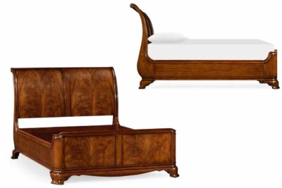 Walnut sleigh bed, king bed frame. Heavy, dense, high-end bed frame