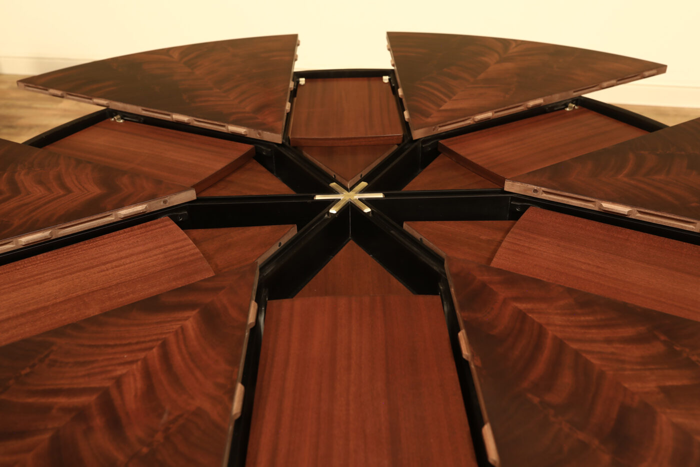 Expandable Round Dining Table, Mahogany Jupe Table w Self-Storing Leaves - Image 7