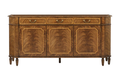Light brown Edwardian-style sideboard with three drawers and three cabinet doors