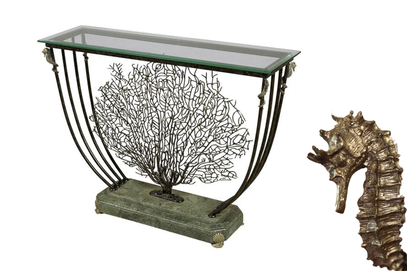 Marble and glass coral console table with sea fan, seahorse and seashell feet - Image 2