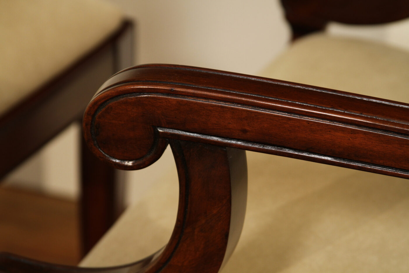 Set of 10 Solid Mahogany Sleigh Back Dining Chairs with Neutral Crypton Fabric - Image 10
