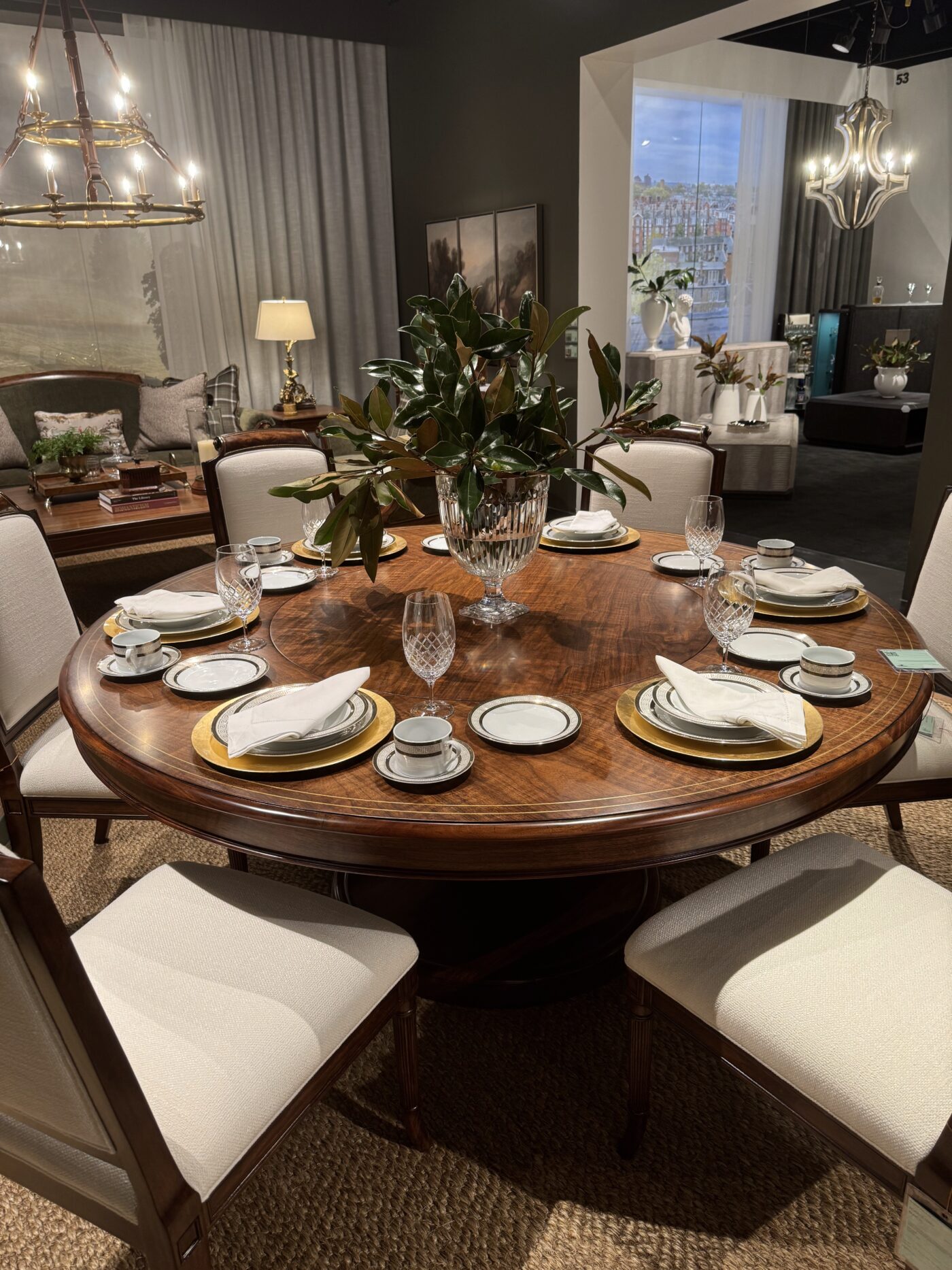 72" Round Walnut Pedestal Table with Built-In Lazy Susan - Image 4
