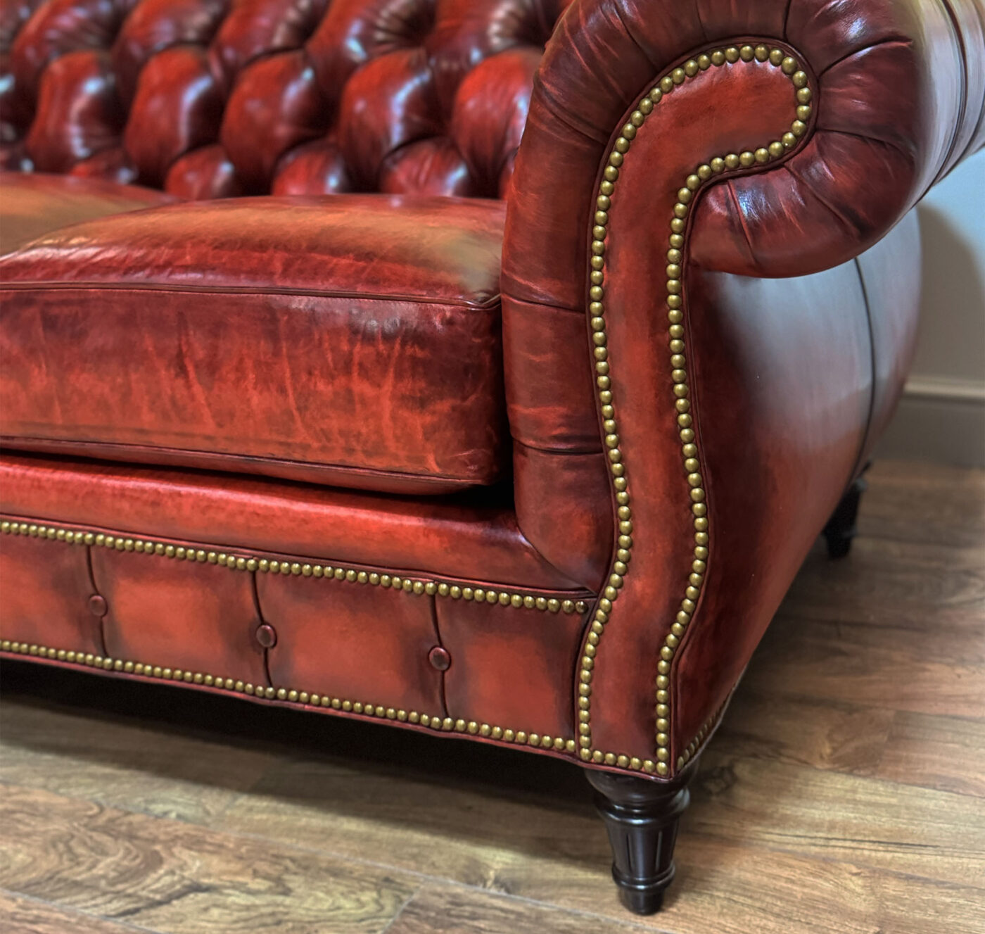 Red Leather Couch, American Made Garnet-Red Tufted Chesterfield - Image 3