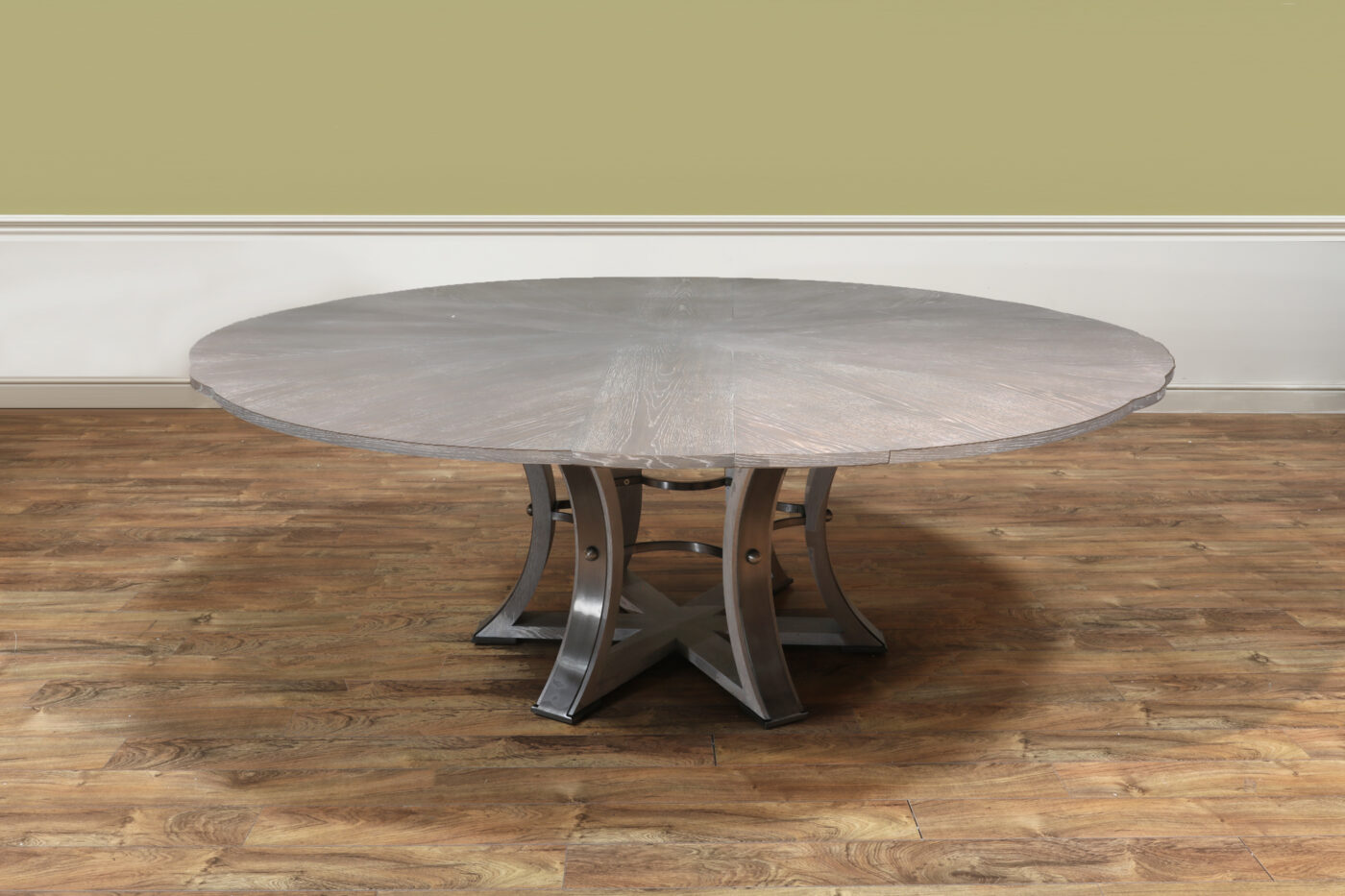 66-86 Round Jupe Table, Gray and Blue Moonskin Finish