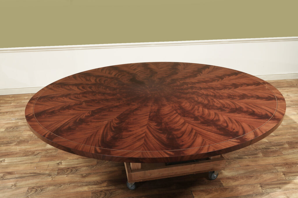 Comparison of Swirl Mahogany vs Ribbon Stripe grain patterns found in luxury antique reproduction furniture.