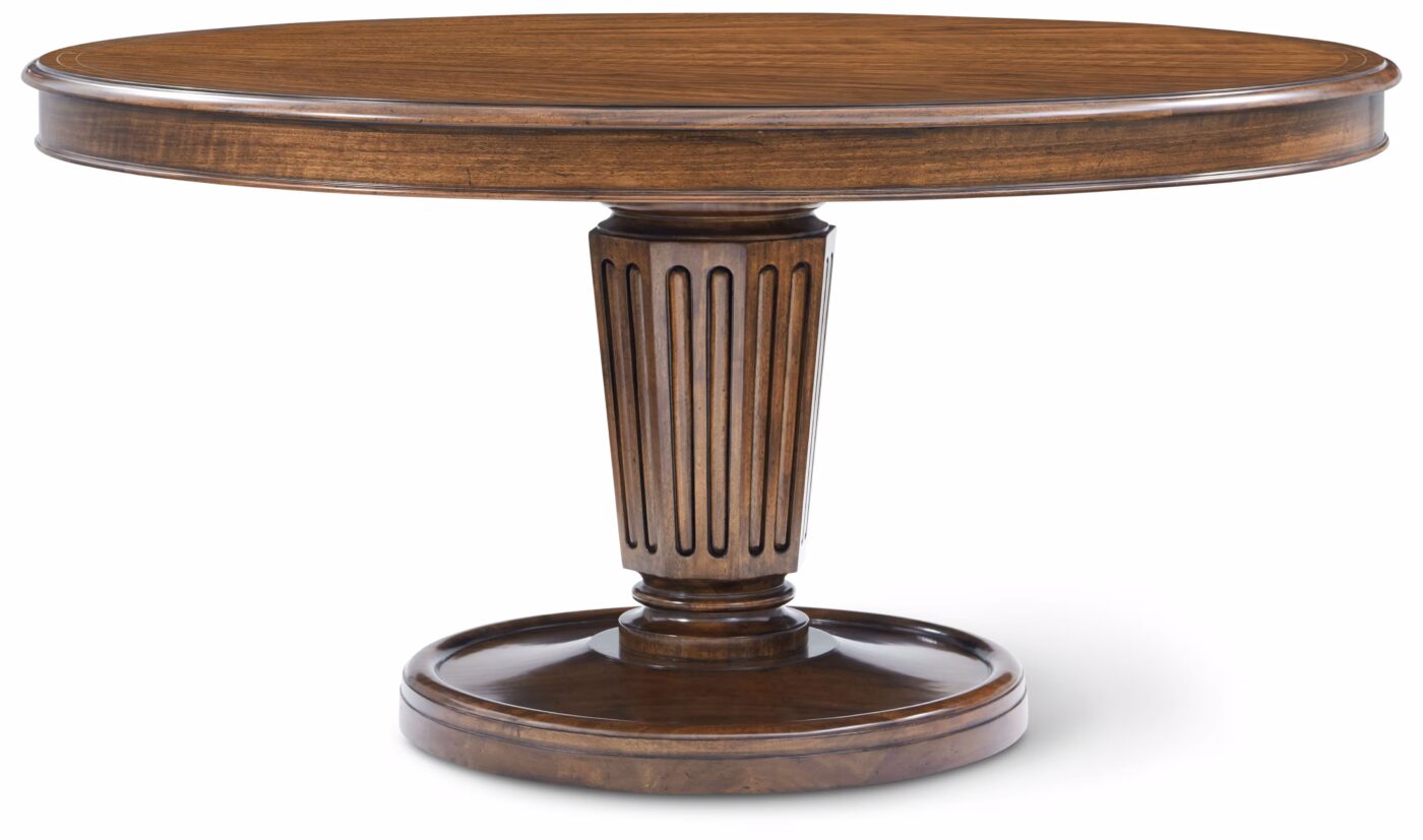 60 Inch Walnut Haddon Round Dining Table Brass Details
