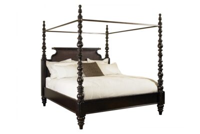 Dark Mahogany Poster Bed With Four Posts, Woven Cane Headboard and Canapy