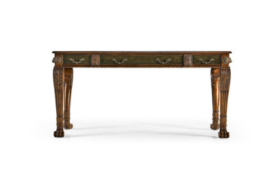 Walnut Writing Table With Leather Inset, Carved Legs And Lion Paw Feet