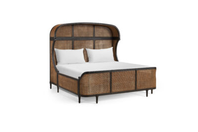 Ebonized Oak and Cane Shelter Bed with Rope Turn Trim