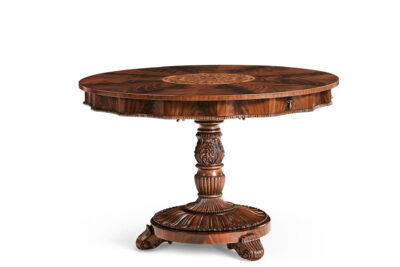 Round Mahogany Centre Table With Carved Base And Marquetry Inlay