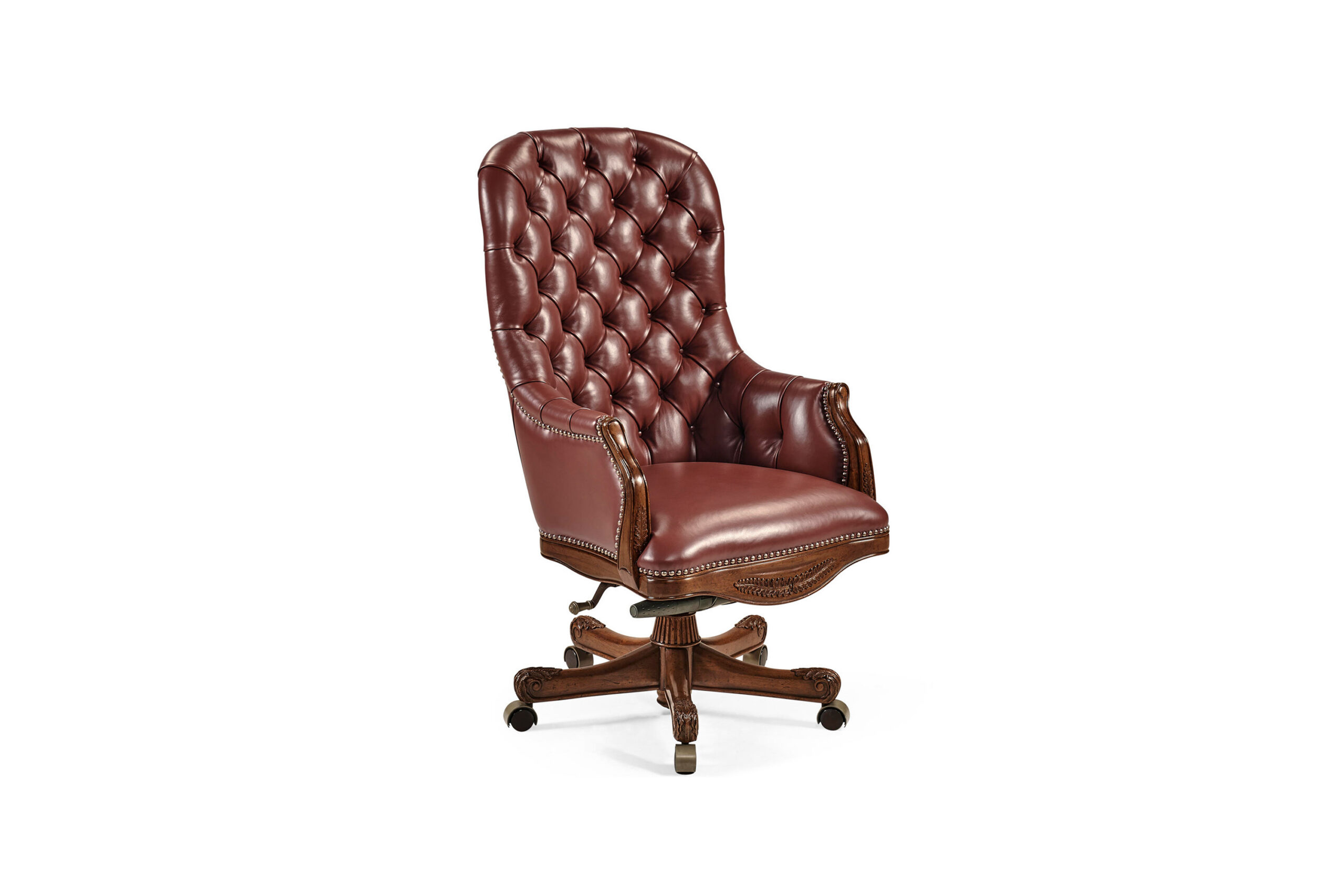 Chesterfield Style Tufted Leather Office Chair With Mahogany Frame